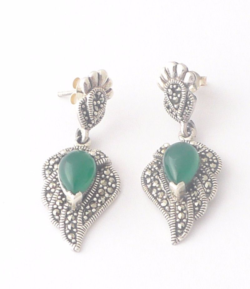 Green Agate silver  earrings (J01E)