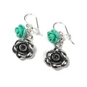 Silver Flower Earrings  Turquoise & Crystal  Beads (SB0075)
