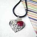 Silver Heart Necklace with pink heart & crystal (00830)