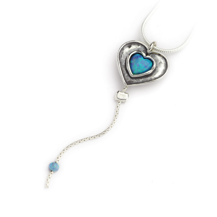 Silver necklace with opal heart pendant and dangly chain  - Aviv