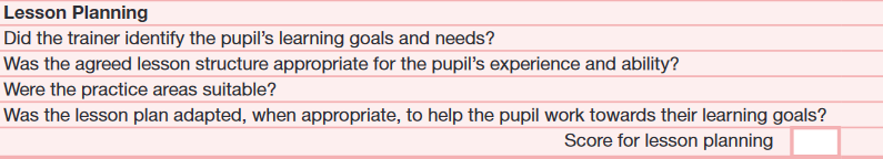 adi part 3 marking sheet explained The first section listed is lesson planning.  For a full breakdown of this please see the LESSON PLANNING Page  This relates to the lesson setup for the day of your adi part 3 test.  Was it suitable e.g Last lesson was moving off and stopping, todays lesson is joing dual carriageways at 60 mph