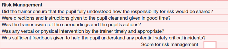 adi marking sheet For a full breakdown of this section please see the RISK Management page  Risk management can be thought of, as, sharing the responsibility for safety.  Who is responsible for what? At the start for a new driver, most of it falls on the driving instructor, by the time the pupil is test ready, most of the responsibility should be with the learner.