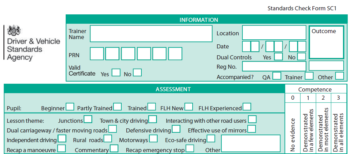 The top section of the ADI standards check marking sheet, is what the examiner fills in.  It lists your name, the test centre where you are taking the ADI Part 3 test, your personal registration number with the DVSA.  LOG BOOK - This is whether you have the training sheets from YOUR trainer.  At the end of each training session, you should be given notes on what needs to be worked on or strengthened. It is these training records, your examiner will want to see.  TRAINER PRN - This is the personal registration number of your trainer - Your trainers DVSA number - This again is so the DVSA can keep a track of the standard of trainees that a trainer sends for the ADI Part 3  ORDIT - Is your trainer ORDIT registered? - The DVSA only recognise ONE qualification for those it recommends as driving instructor trainers.