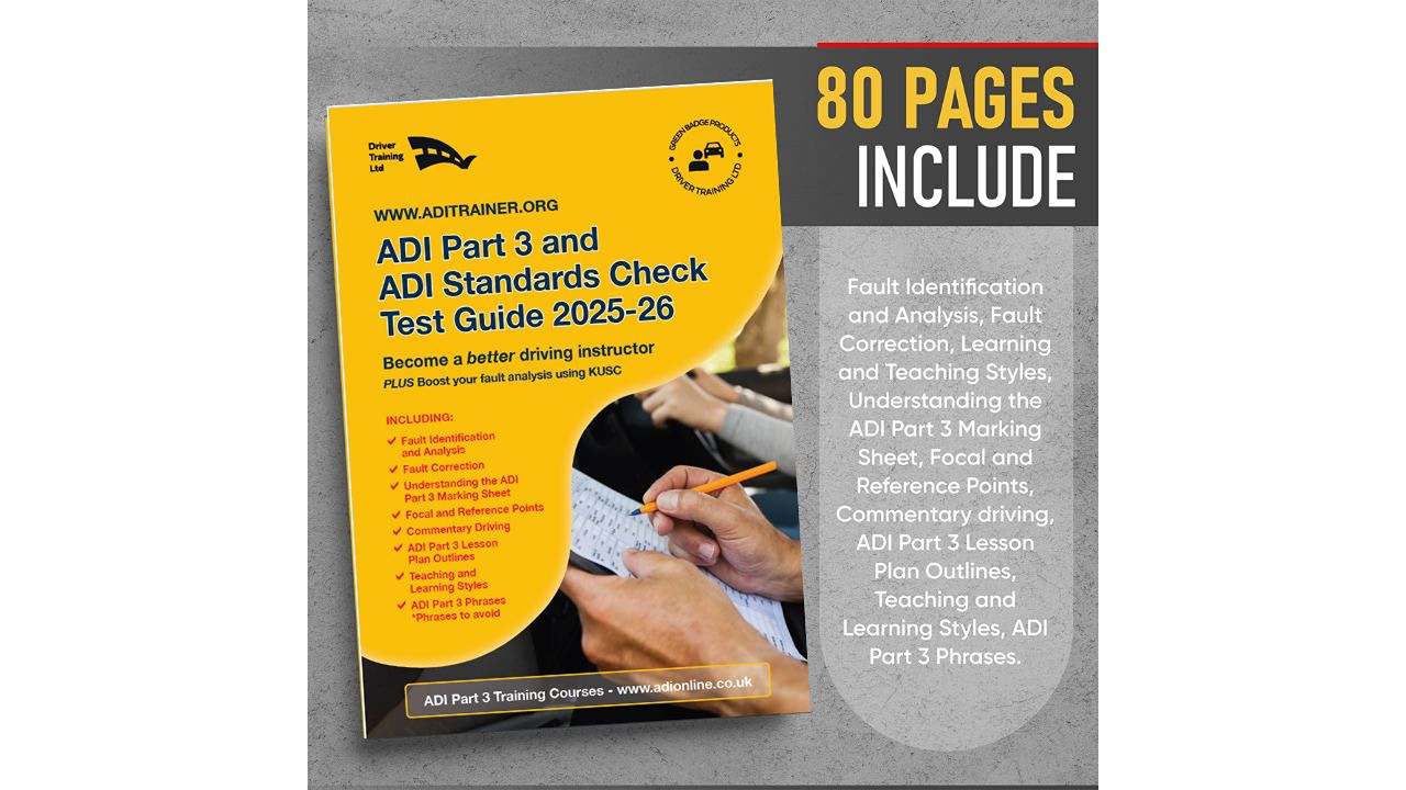 ADI Part 3 and ADI Standards Check Test Guide is professionally designed to help trainees and qualified driving instructors pass their ADI Part 3 and ADI Standards Check Test.  This complete guide gives you the confidence and knowledge you need to become a better teacher and provide your students with a thorough understanding of all subjects.  * 80 Pages - Quality printed on glossy 120gsm paper. Each subject is comprehensively covered including understanding the marking sheet, fault identification, Fault Analysis and Pupil Reference Points. The thicker covers ensure durability and ease of use.