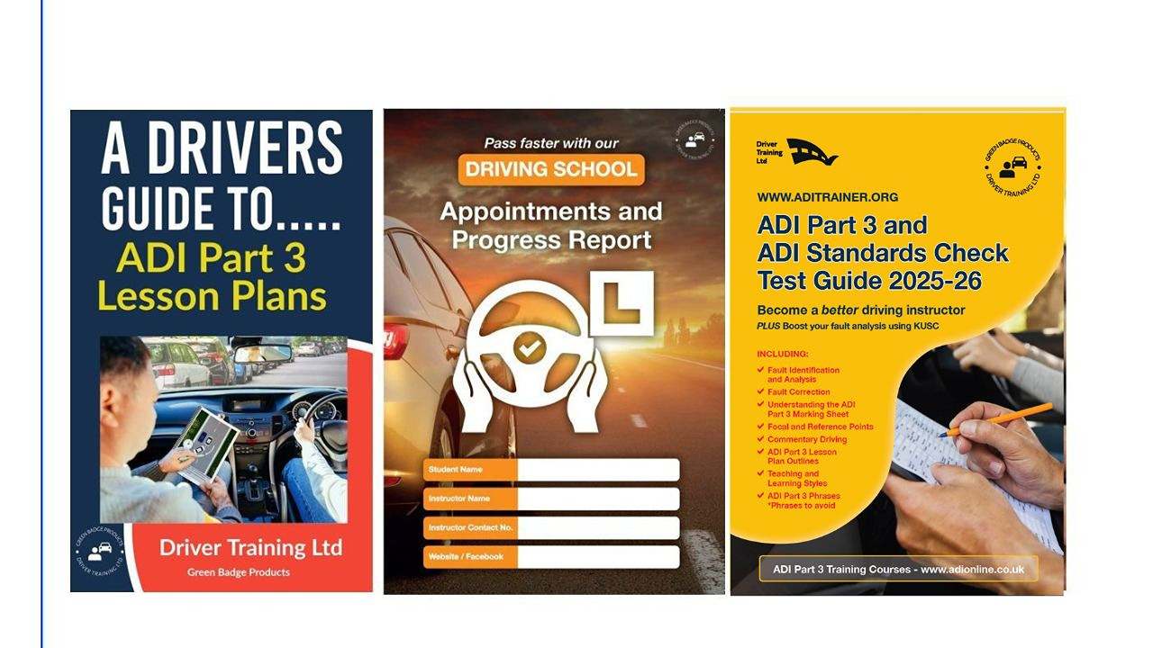 The complete ADI Part 3 training pack is ideal for  ADI's and PDI's  ADI Part 3  ADI Standards Check Test  Professional Development as a driving Instructor.  Comprises - Full Briefing Folder, ADI Part 3 guide and Driving lesson progress books for pupils