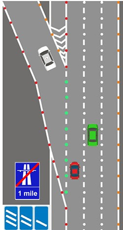 White studs are the most common. They indicate the lanes on the carriageway and separate:  Individual traffic lanes  Edge of the main carriageway (in some sections)  Youâ€™ll follow these most of the time while driving.