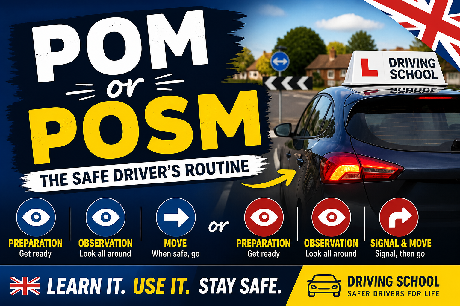 The Traditional Routine: POM  POM = Preparation &acirc; Observation &acirc; Move  This is what most learners are taught when moving off from the side of the road.  1. Preparation  Before the car moves, you prepare it:      Clutch down    Select first gear    Find the bite point    Set a little gas  You&acirc;re getting the car ready to go&acirc;nothing more, nothing less.