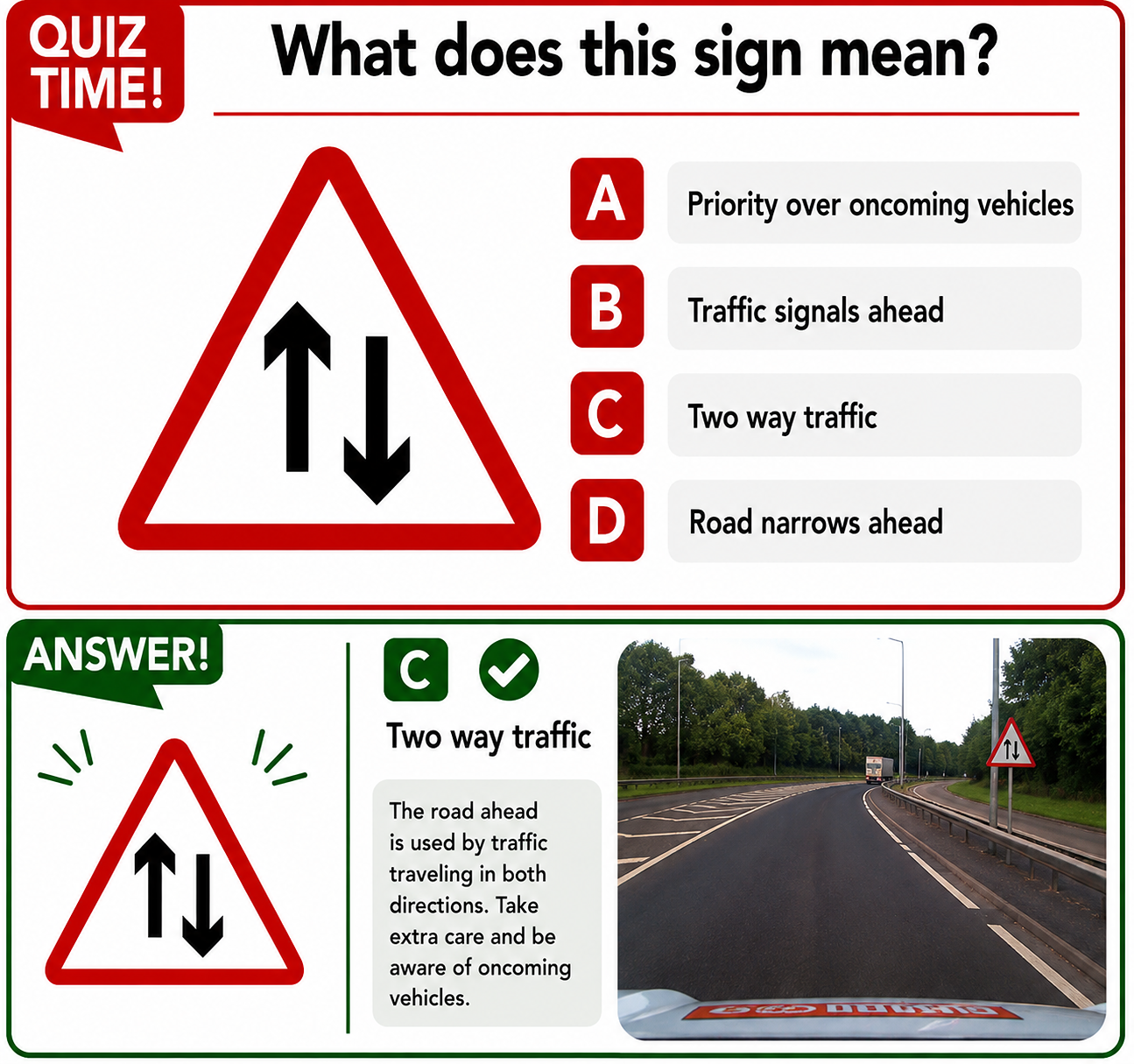 uk theory test signs two way traffic ahead