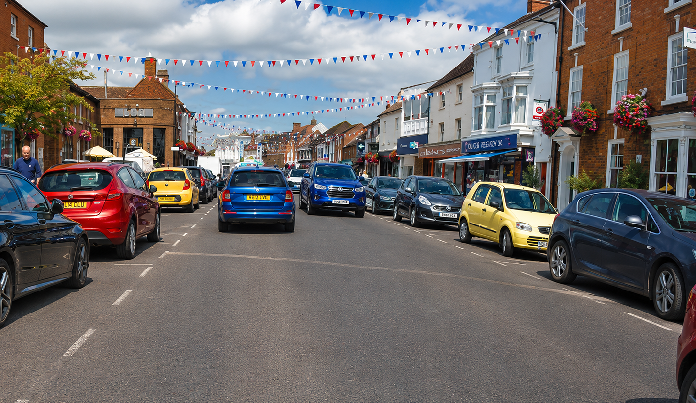 Meeting traffic is NOT just about parked cars!   It is when 2 vehicles are going to share the same road space  In this picture you can see cars parked on both sides of the road, a car coming towards us - BUT THIS IS NOT A MEETING SITUATION AS THERE IS ENOUGH ROOM FOR BOTH CARS TO PASS SAFELY.  Neither has to change speed, or direction.