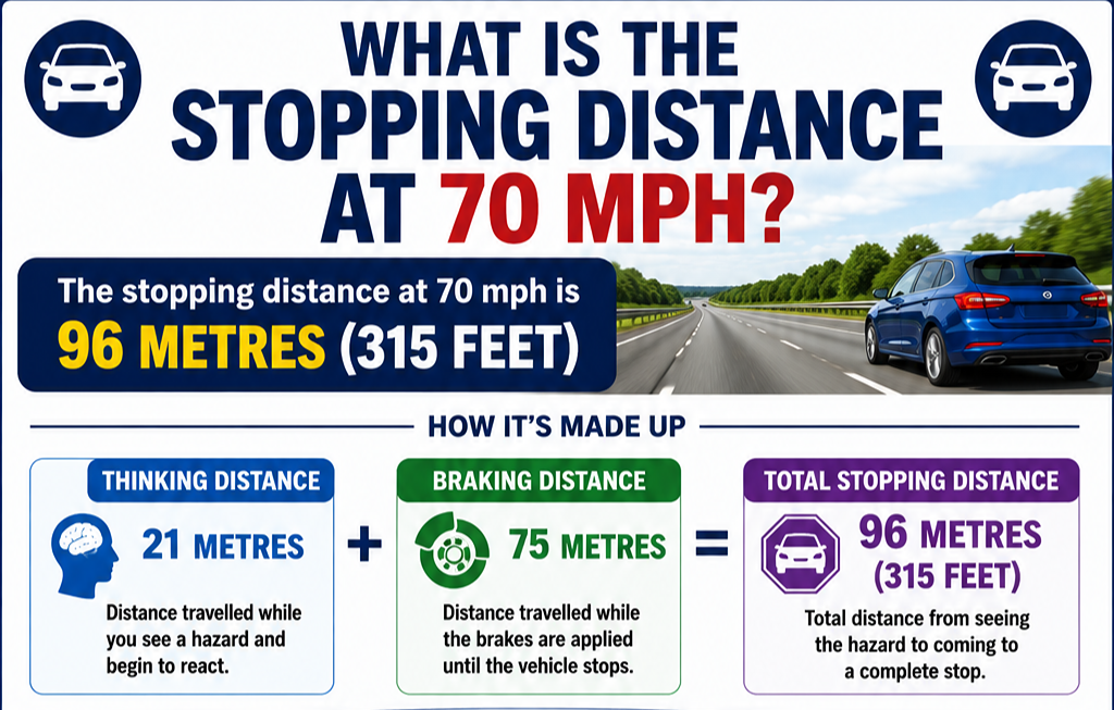 The stopping distance at 70 mph is 96 metres (315 feet). This figure comes from the UK Highway Code and is made up of: Thinking Distance: 21 metres Braking Distance: 75 metres Total Stopping Distance: 96 metres