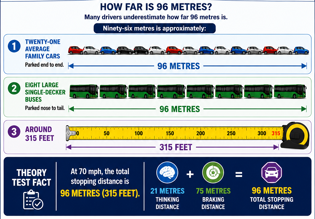 How Far Is 96 Metres? Many drivers underestimate how far 96 metres is. Ninety-six metres is approximately: Twenty-one average family cars parked end to end Eight large single-decker buses parked nose to tail Around 315 feet Even at 70 mph, a vehicle cannot stop instantly.