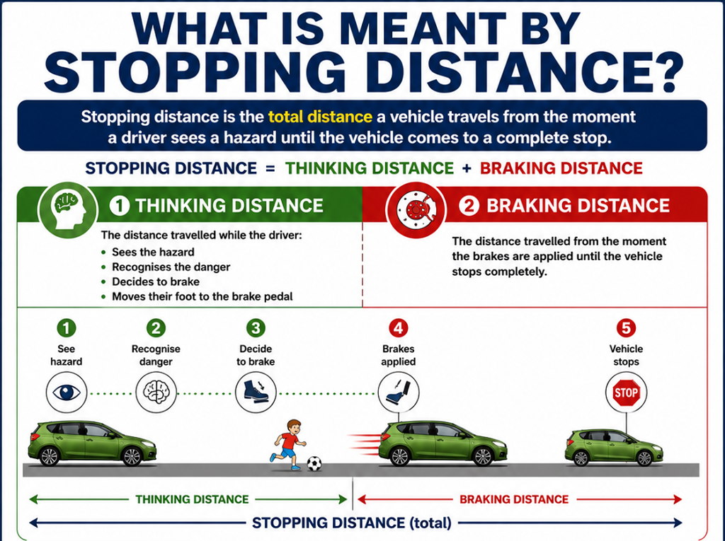 What Is Stopping Distance?  Stopping distance is the total distance a vehicle travels from the moment a driver recognises a hazard until the vehicle comes to a complete stop.  It consists of two separate parts:
