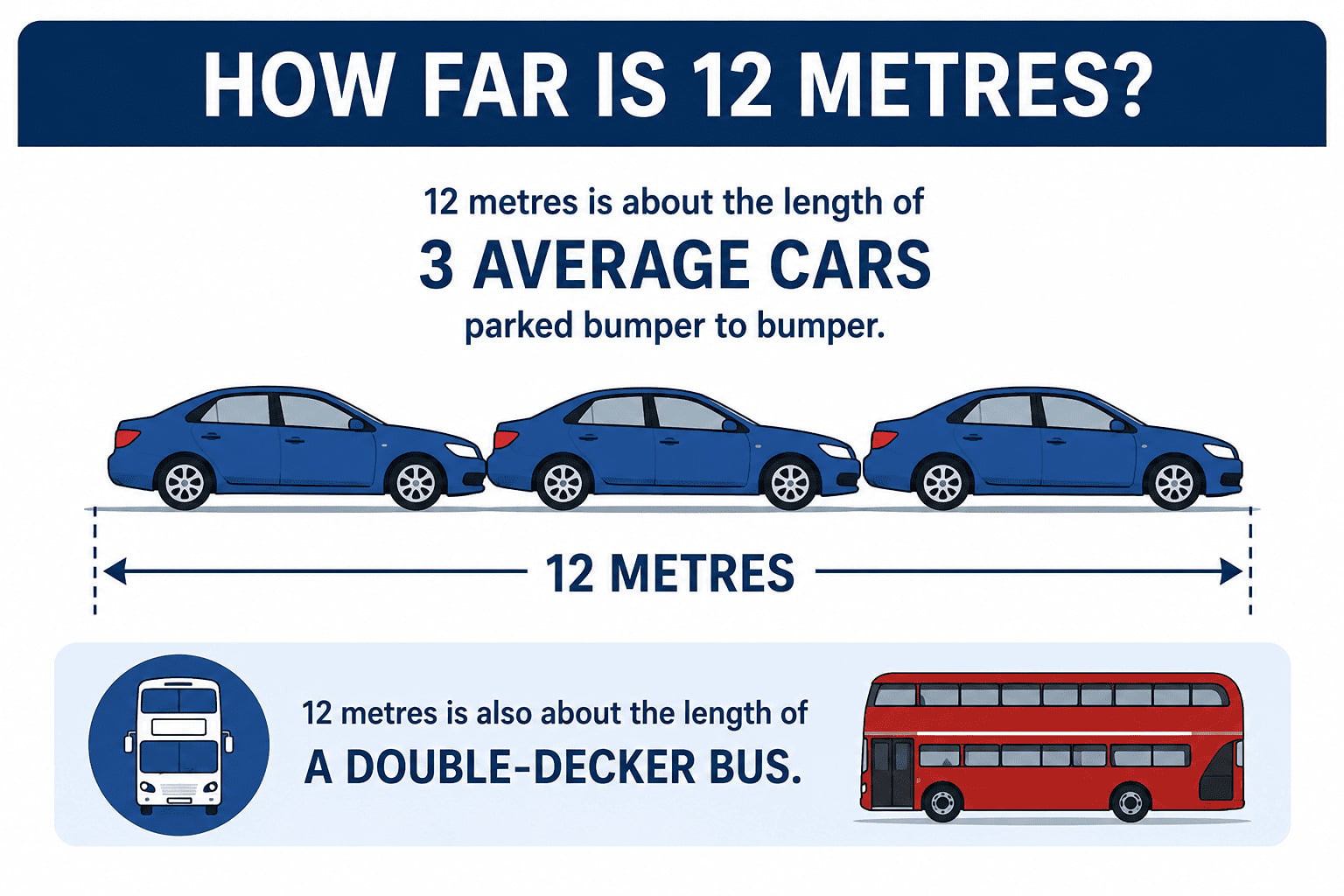 How Far Is 12 Metres?  Twelve metres is roughly:      Around three average family cars parked bumper to bumper    About the length of a double-decker bus