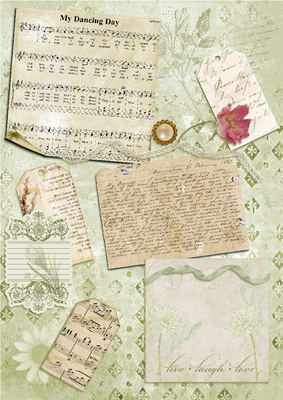 music script and tags collage backing paper