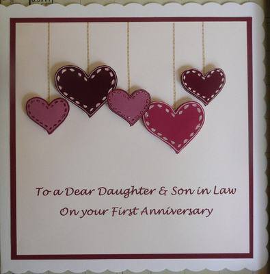 First Anniversary Card with hearts, burgundy