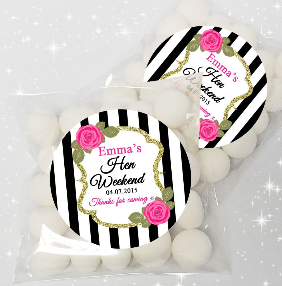 Black Stripe Roses Personalised HEN NIGHT party sweet bags favours KIT x12