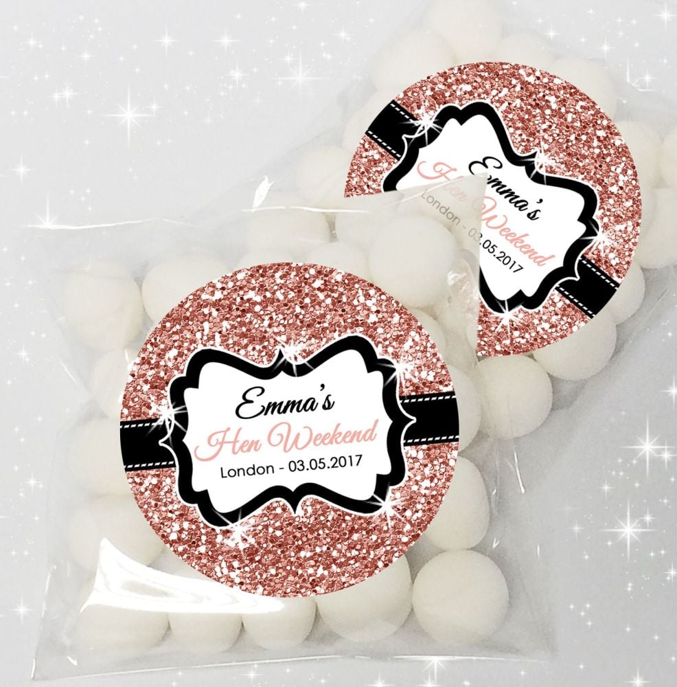 Rose Gold Glitter Personalised HEN NIGHT party sweet bags favours KIT x12