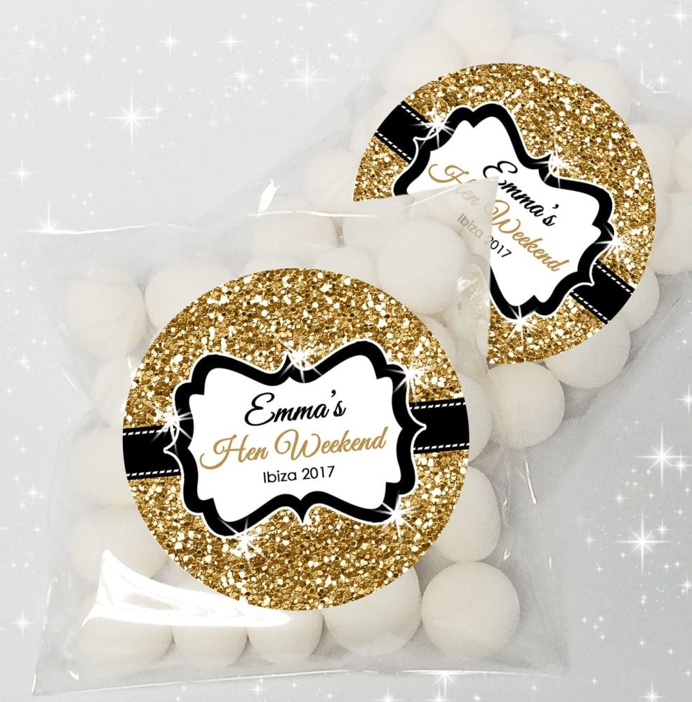 Gold Glitter Personalised HEN NIGHT party sweet bags favours KIT x12