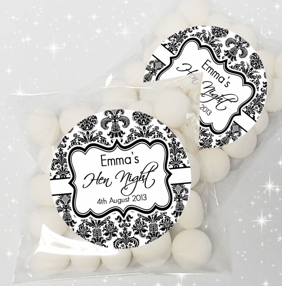 Elegant Damask Personalised HEN NIGHT party sweet bags favours KIT x12