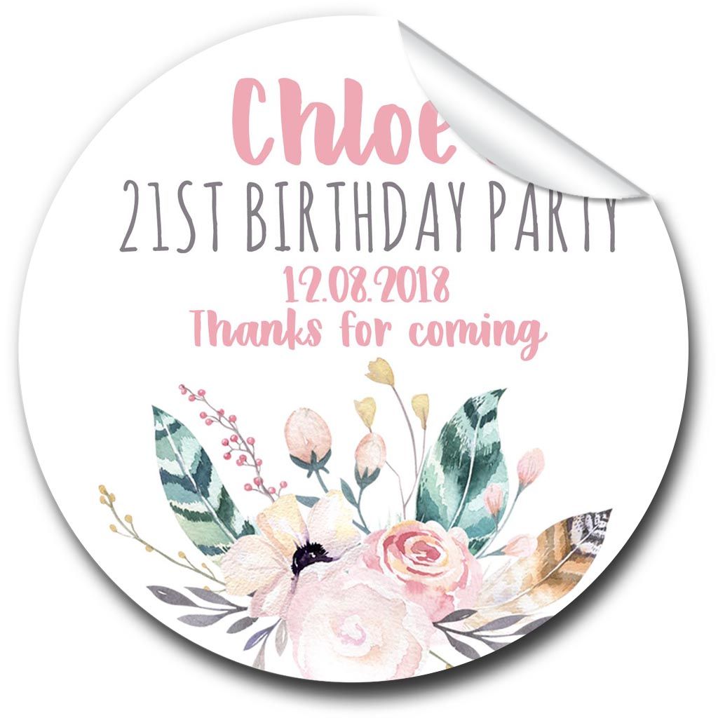 Boho Floral Feathers Personalised Birthday Party Stickers x1 A4 sheet