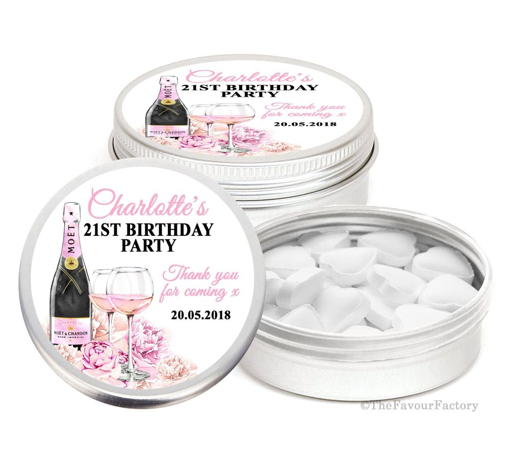 Champagne & Flowers Personalised Birthday Party Favour Tins Keepsakes x1