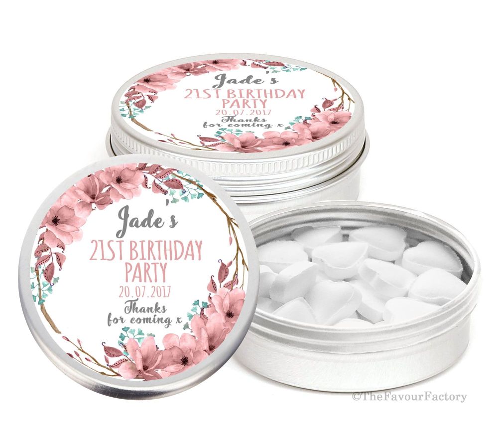 Boho Floral Wreath Personalised Birthday Party Favour Tins Keepsakes x1