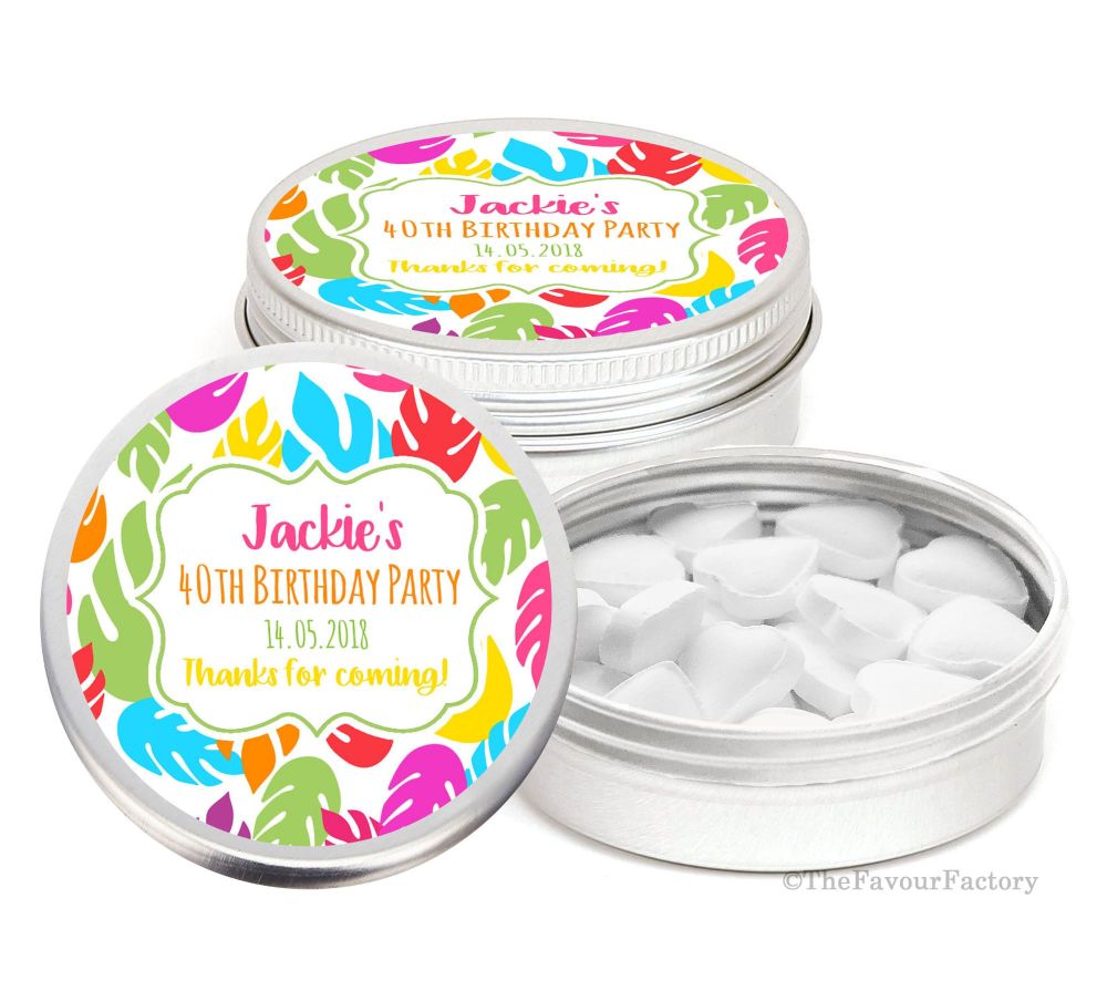 Bright Tropical Leaves Personalised Birthday Party Favour Tins Keepsakes x1