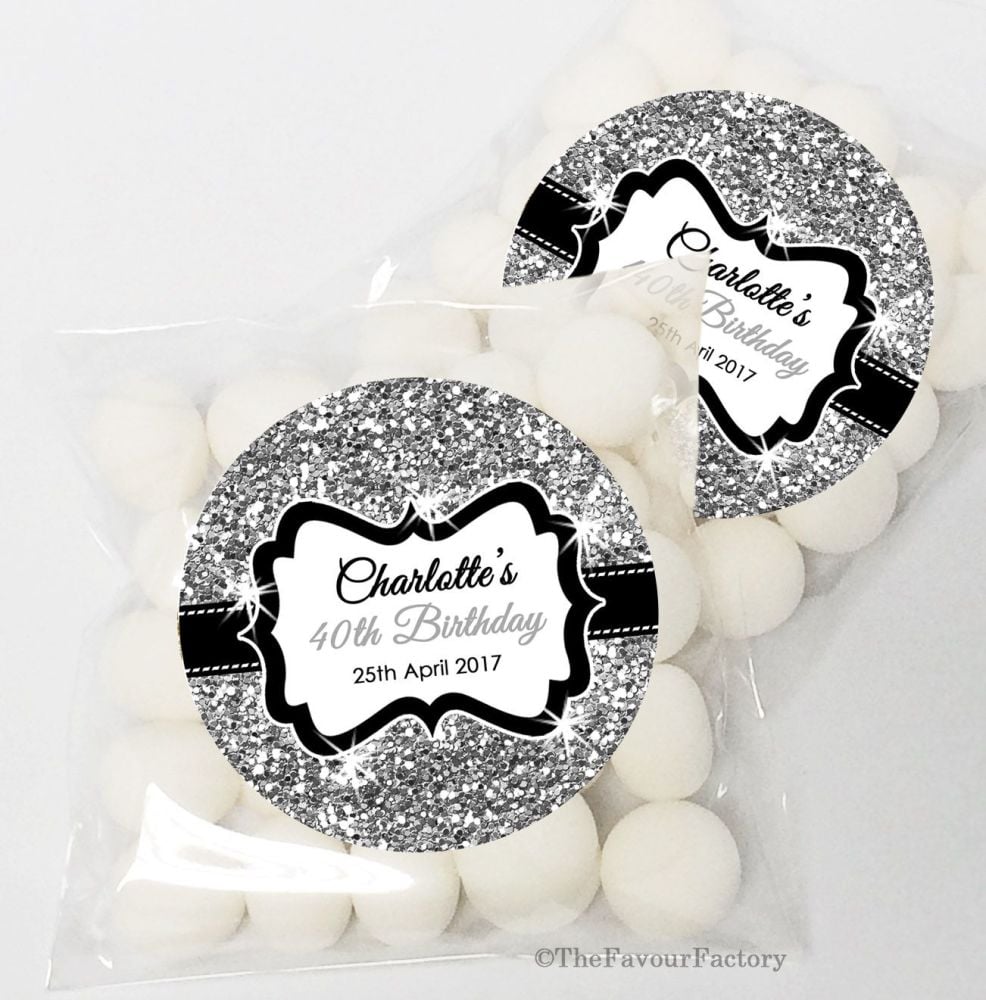 Silver Glitter Personalised Birthday Party sweet bags KITS x12