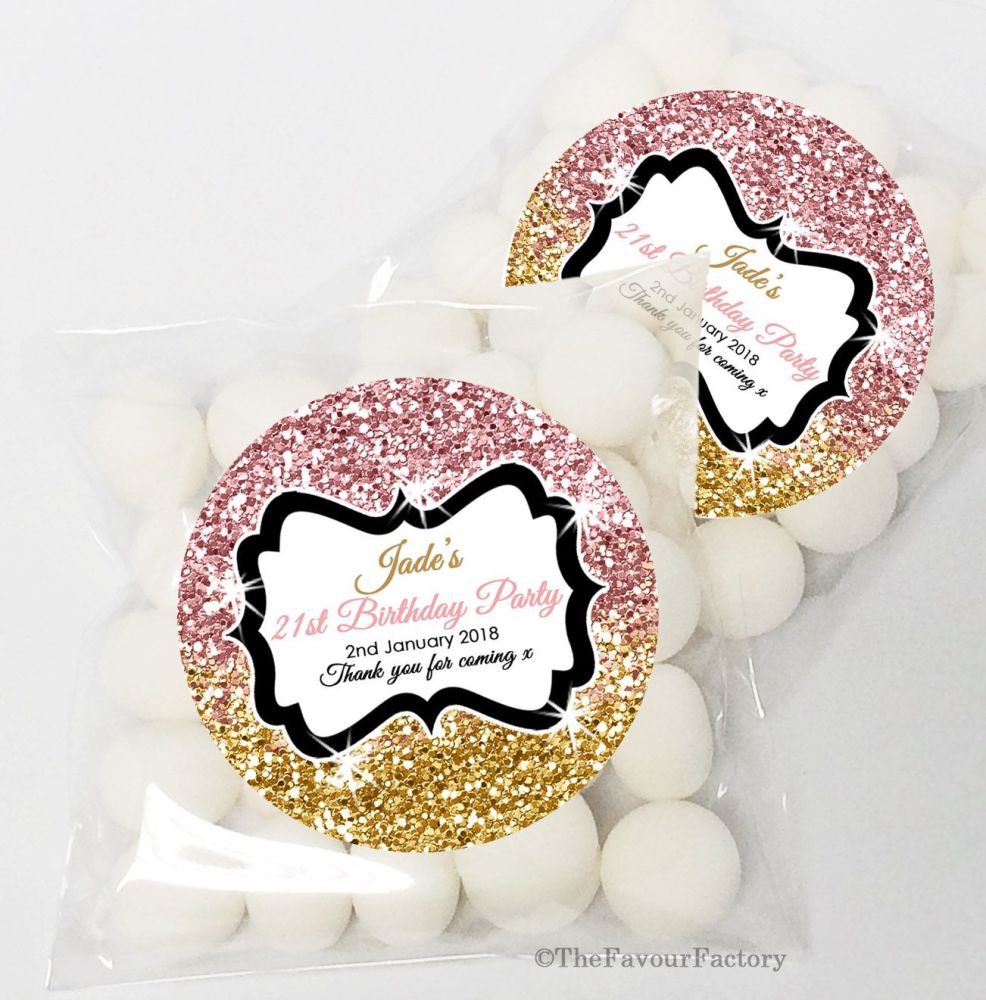 Rose to Gold Glitter Personalised Birthday Party sweet bags KITS x12