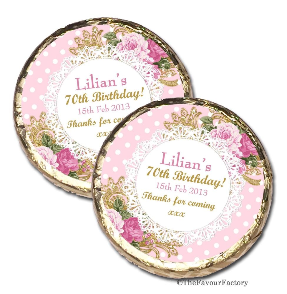 Vintage Ornate Roses Personalised Birthday Party Mint Chocolates Favours x1