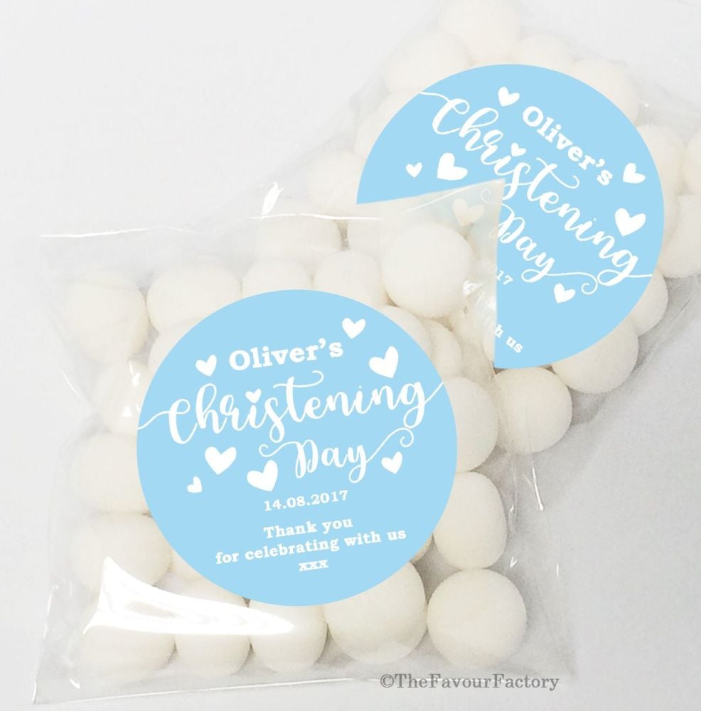Love Hearts Blue Christening Baptism Sweet Bags Table Favours Kits x12