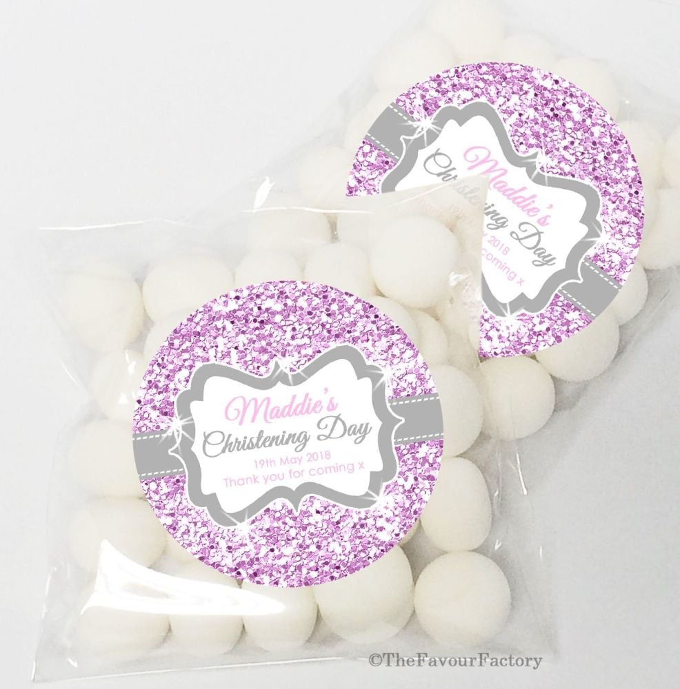 Pink Glitter Christening Baptism Sweet Bags Favours Kits x12