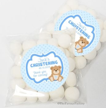 Personalised Christening Sweet Bags Favours Kits Bear With Cross Blue Christening Sweet Bags Favours Kits X12