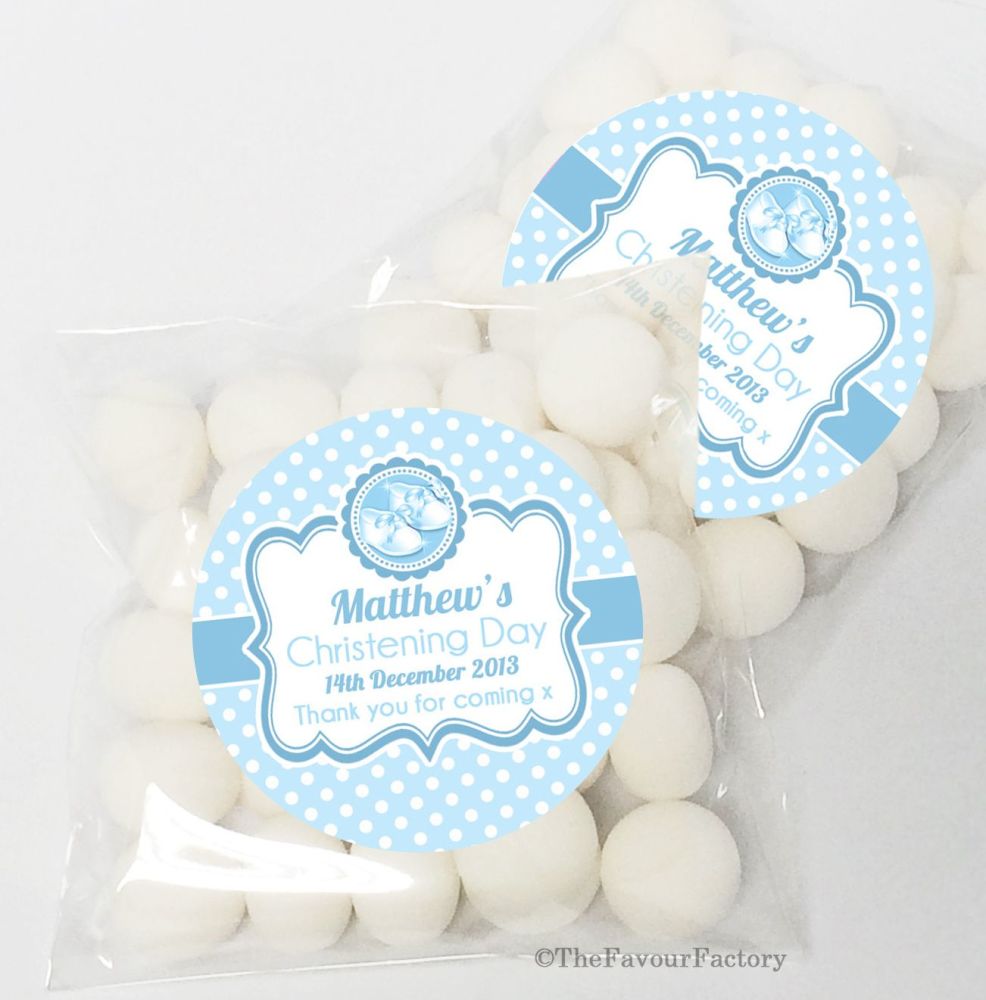 Booties blue Christening Baptism Sweet Bags Table Favours Kits x12