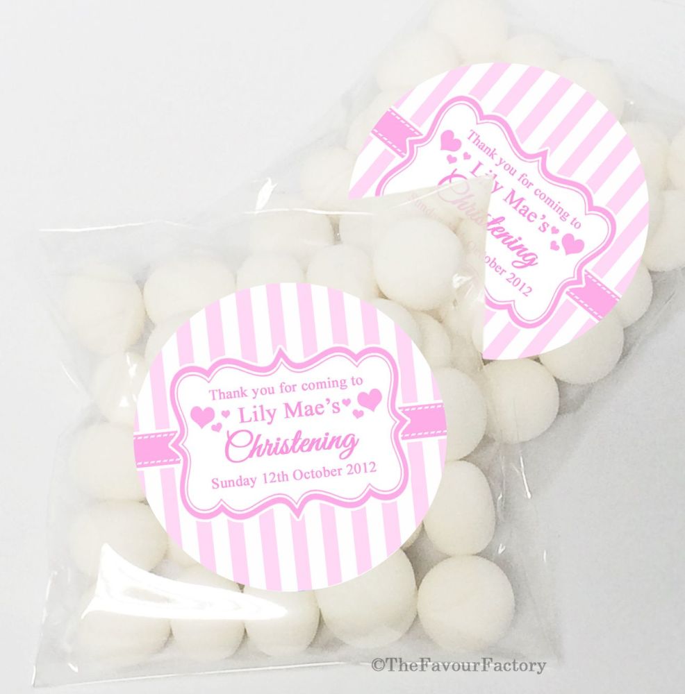 Candy Stripes pink Christening Baptism Sweet Bags Table Favours Kits x12