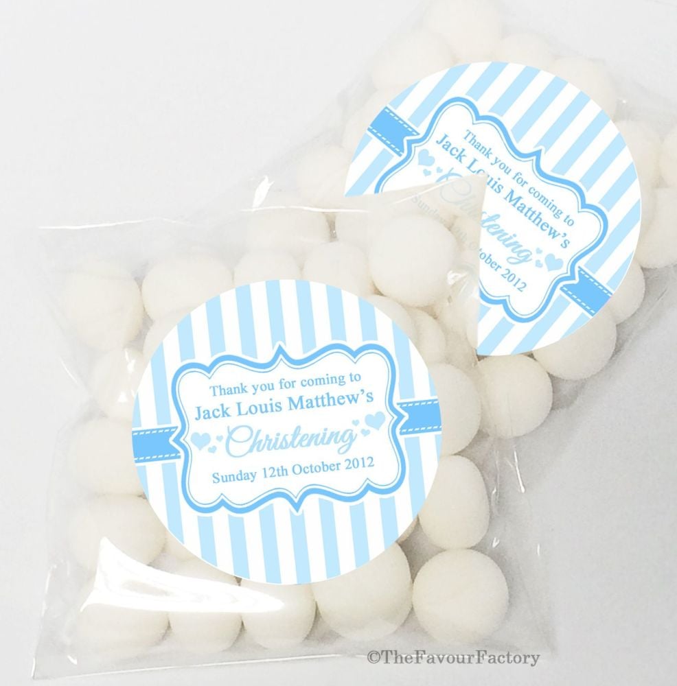 Candy Stripes Blue Christening Baptism Sweet Bags Table Favours Kits x12