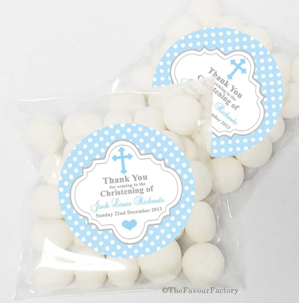 Polka Dots Cross Blue Christening Baptism Sweet Bags Table Favours Kits x12