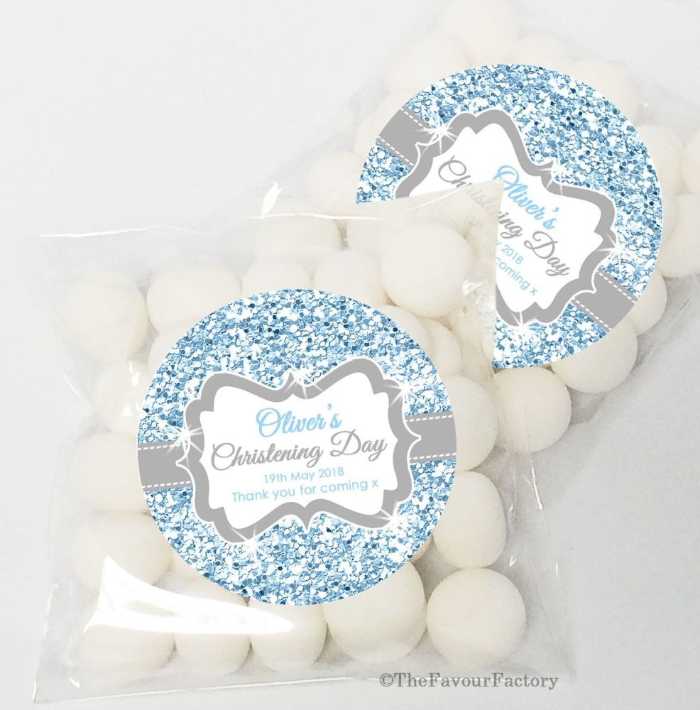 Glitter Blue Christening Baptism Sweet Bags Favours Kits x12