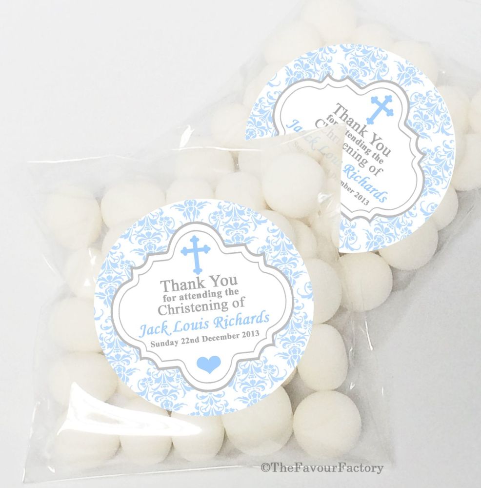 Damask Cross Blue Christening Baptism Sweet Bags Table Favours Kits x12