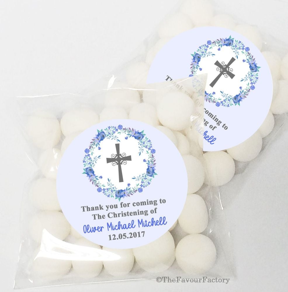 Floral Wreath Blue Christening Baptism Sweet Bags Favours Kits x12