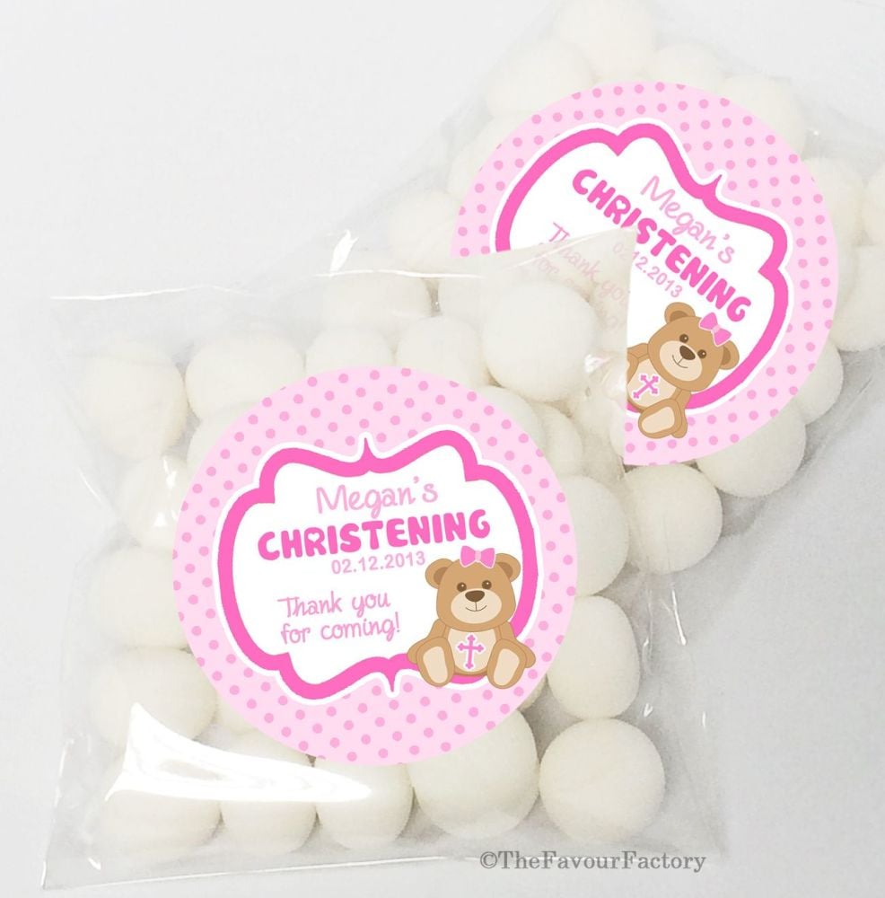 Bear with Cross Pink Christening Baptism Sweet Bags Table Favours Kits x12