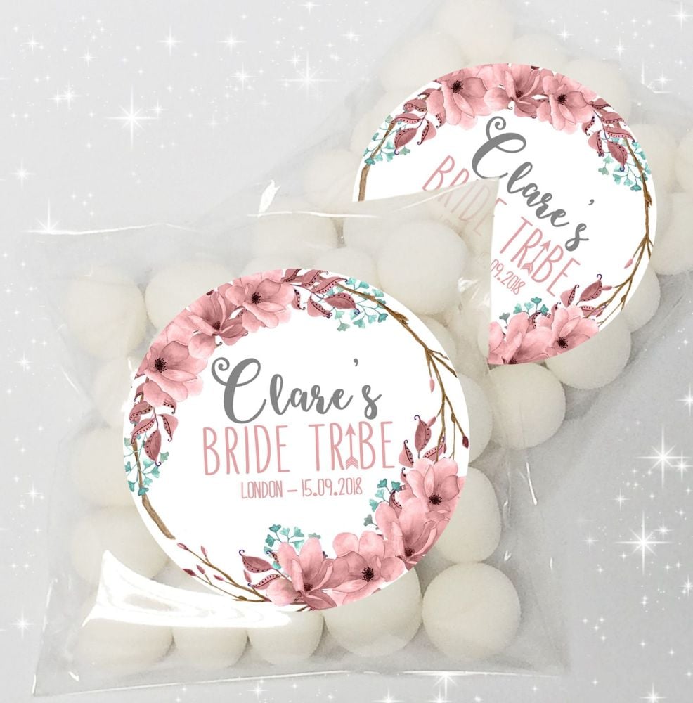 Bride Tribe Boho Floral Wreath Personalised Hen party sweet bags kits x12