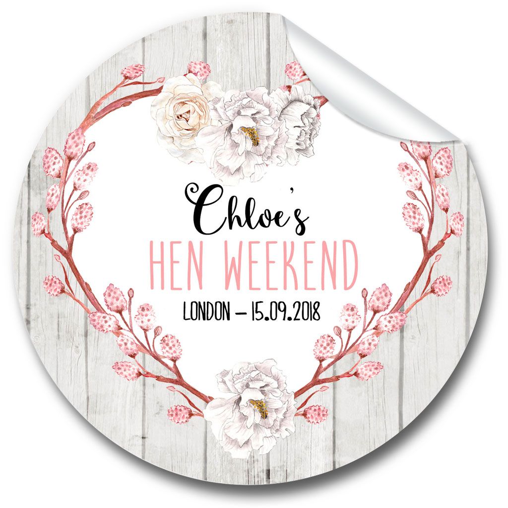 Chloe Floral Heart Personalised Hen Night Party Bag Stickers, 1 x A4 sheet