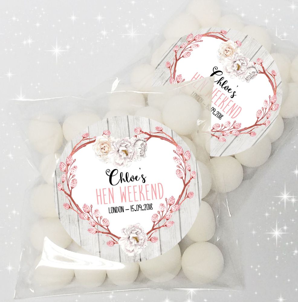 Chloe Rustic Floral Heart Personalised Hen Party Sweet Bags & Stickers