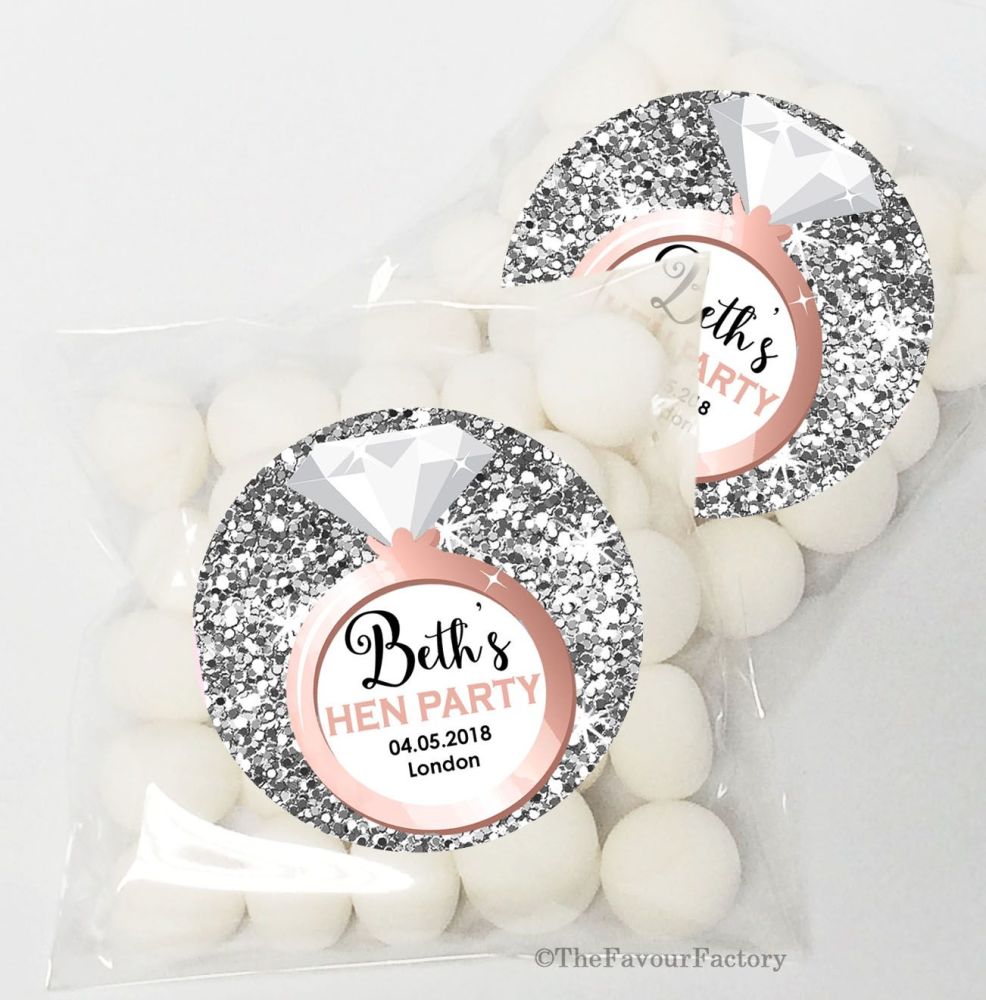 Ring Silver Glitter Personalised Hen Party Sweet Bags & Stickers
