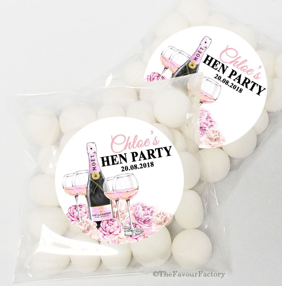 Champagne & Flowers Personalised Hen Party Sweet Bags & Stickers