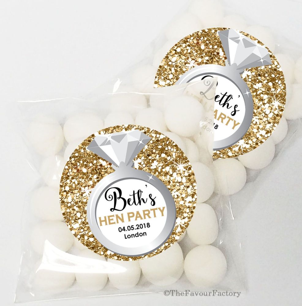Ring Gold Glitter Personalised Hen Party Sweet Bags & Stickers