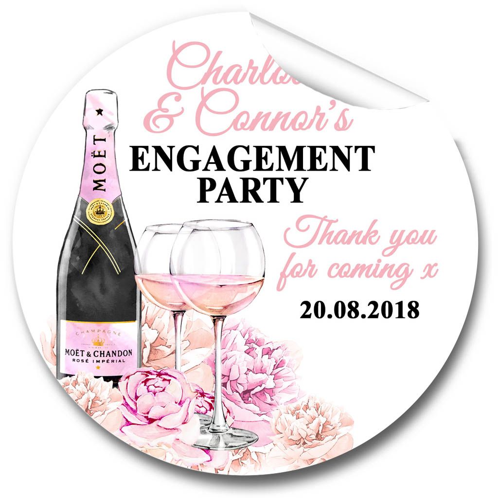 Champagne & Flowers Personalised Engagement Party Stickers 1xA4 sheet