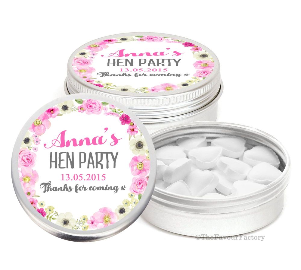 Anna Floral Wreath Personalised Hen Night Party Favour Tins Keepsakes x1