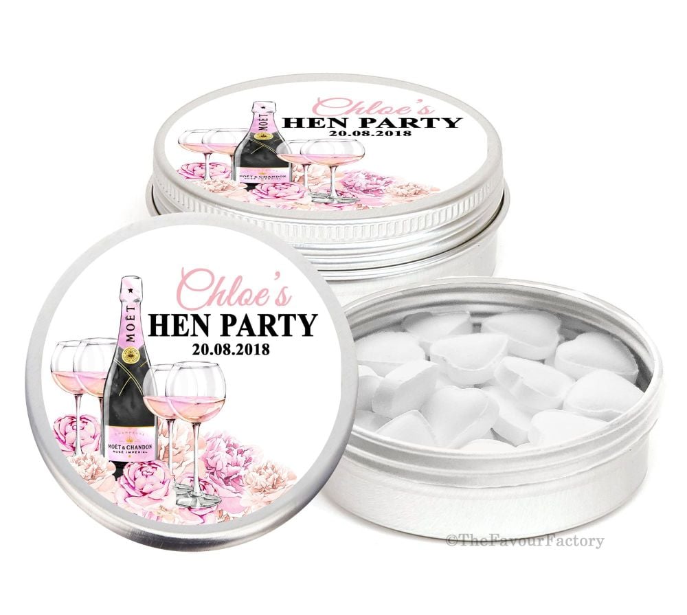 Champagne & Flowers Personalised Hen Night Party Favour Tins Keepsakes x1